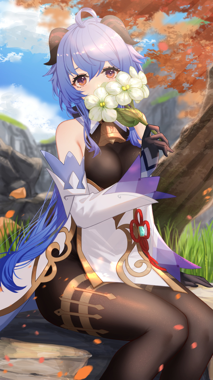 1girl, absurdres, ahoge, bare_shoulders, bell, black_gloves, black_legwear, blue_hair