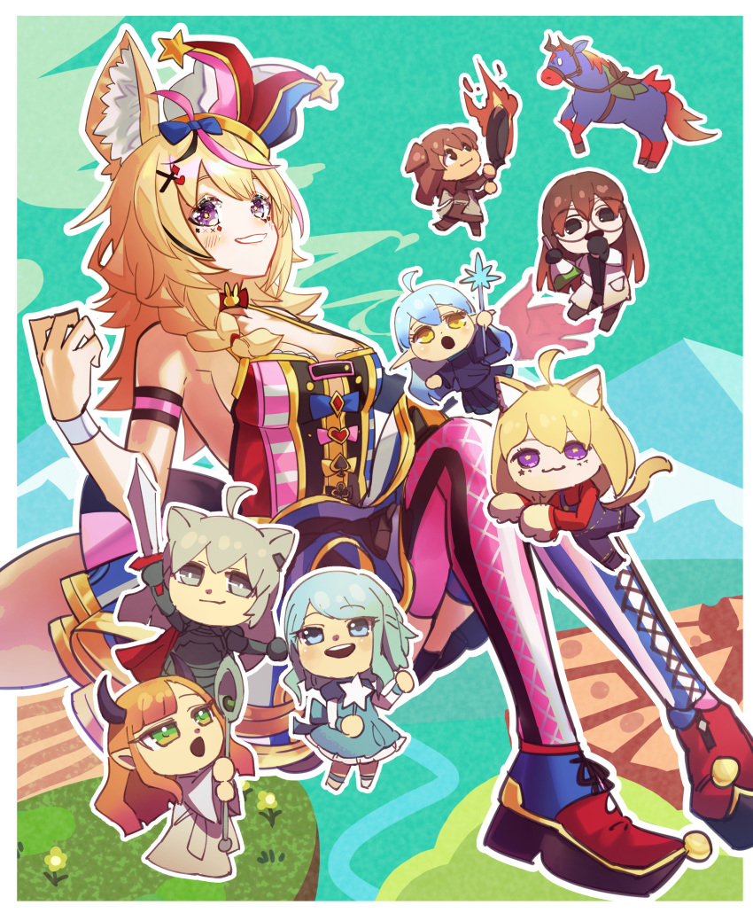 6+girls, :3, :d, absurdres, ahoge, animal_ear_fluff, animal_ears, black_eyes, black_hair, blonde_hair, blue_eyes, blue_hair, blush, braid, breasts, brown_hair, cat_ears, cat_tail, chibi, fire, fox_ears, fox_girl, frying_pan, glasses, green_eyes, grey_eyes, grey_hair, grin, hair_ornament, hat, highres, hololive, horns, horse, hoshimachi_suisei, inugami_korone, jester_cap, long_hair, looking_at_viewer, medium_breasts, mii_(nintendo), mismatched_legwear, multicolored_hair, multiple_girls, omaru_polka, open_mouth, pink_hair, pointy_ears, roboco-san, shishiro_botan, silou_b, single_braid, smile, staff, streaked_hair, sword, tail, thigh-highs, violet_eyes, virtual_youtuber, weapon, x_hair_ornament, yellow_eyes, yukihana_lamy, yuzuki_choco