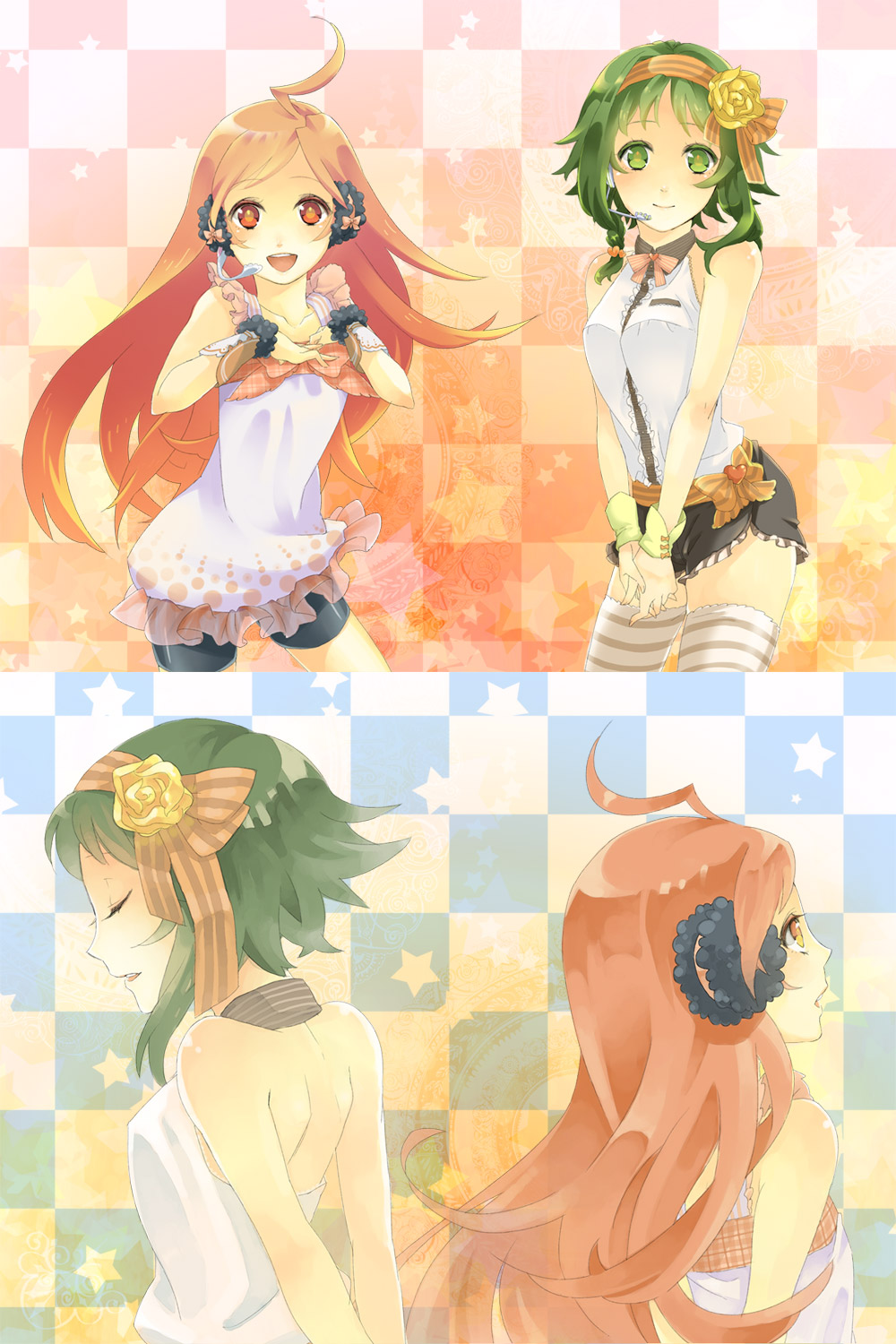 ahoge, bad_id, closed_eyes, earmuffs, flower, green_eyes, green_hair, gumi