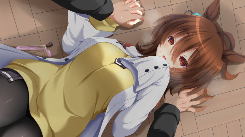 1boy, 1girl, absurdres, agnes_tachyon_(umamusume), animal_ears, black_legwear, blush, breasts, brown_hair, coat, commentary_request, dutch_angle, hair_ornament, highres, holding_hands, horse_ears, horse_girl, labcoat, large_breasts, lucky_pervert, lying, on_back, on_floor, open_mouth, pantyhose, pov, pov_hands, red_eyes, ryochapu, short_hair, sleeves_past_wrists, spilling, straddling, sweater, test_tube, umamusume, white_coat, yellow_sweater