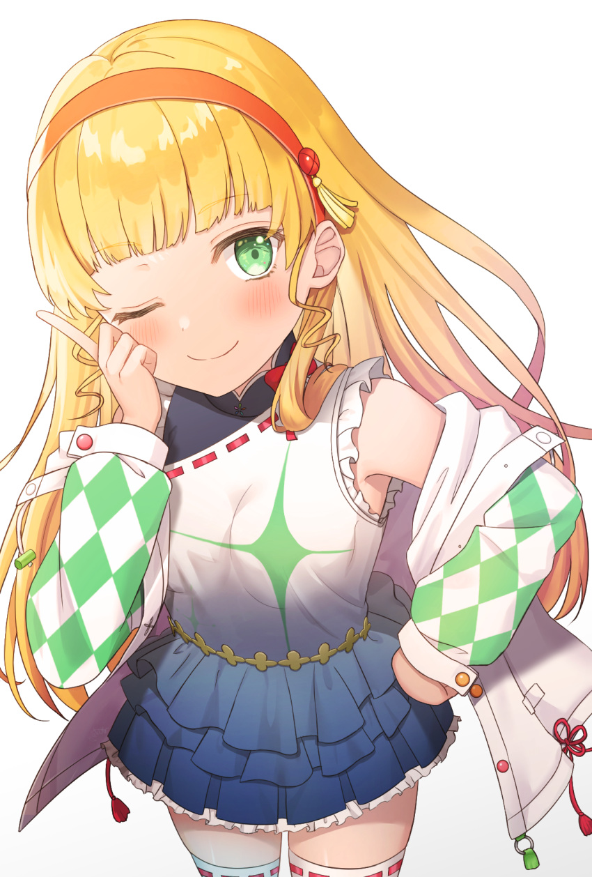 1girl, bangs, bare_shoulders, blonde_hair, blunt_bangs, blush, breasts, commentary_request