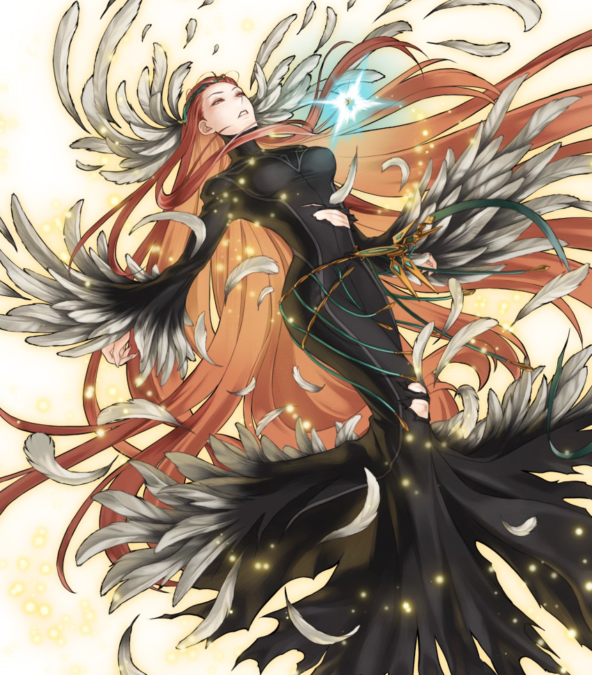 1girl, ashera_(fire_emblem), black_dress, breasts, detached_sleeves, dress, feather_trim, feathers