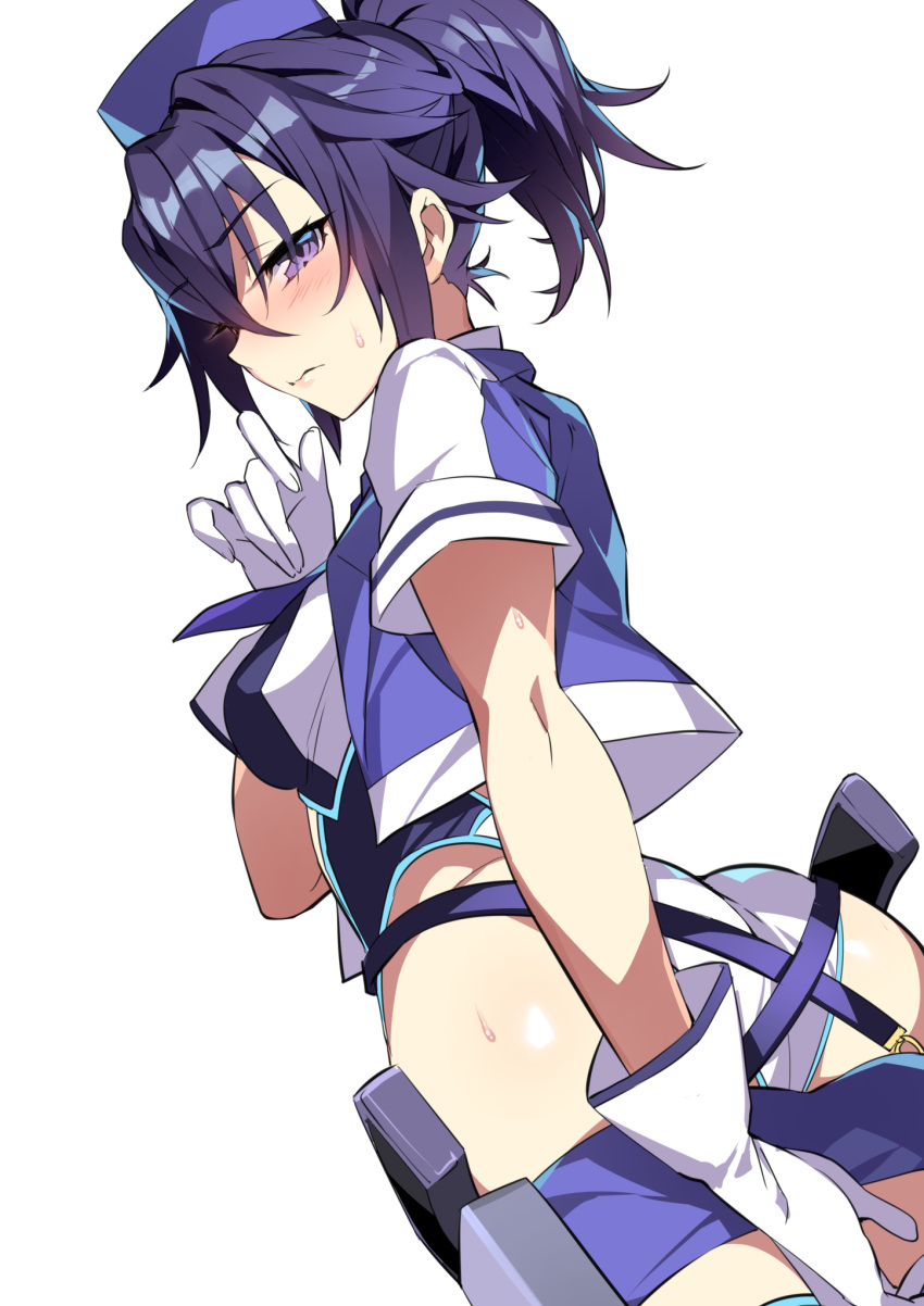 1girl, ass, bangs, blue_hair, blue_headwear, blue_jacket, blush, breasts
