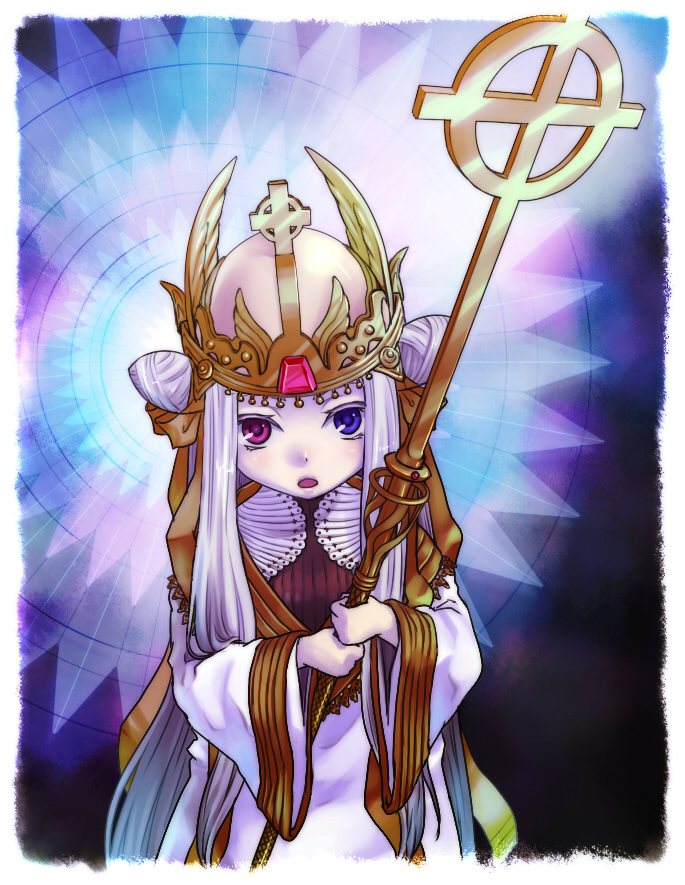 1girl, border, brown_dress, commentary_request, cowboy_shot, cross, crown, dress