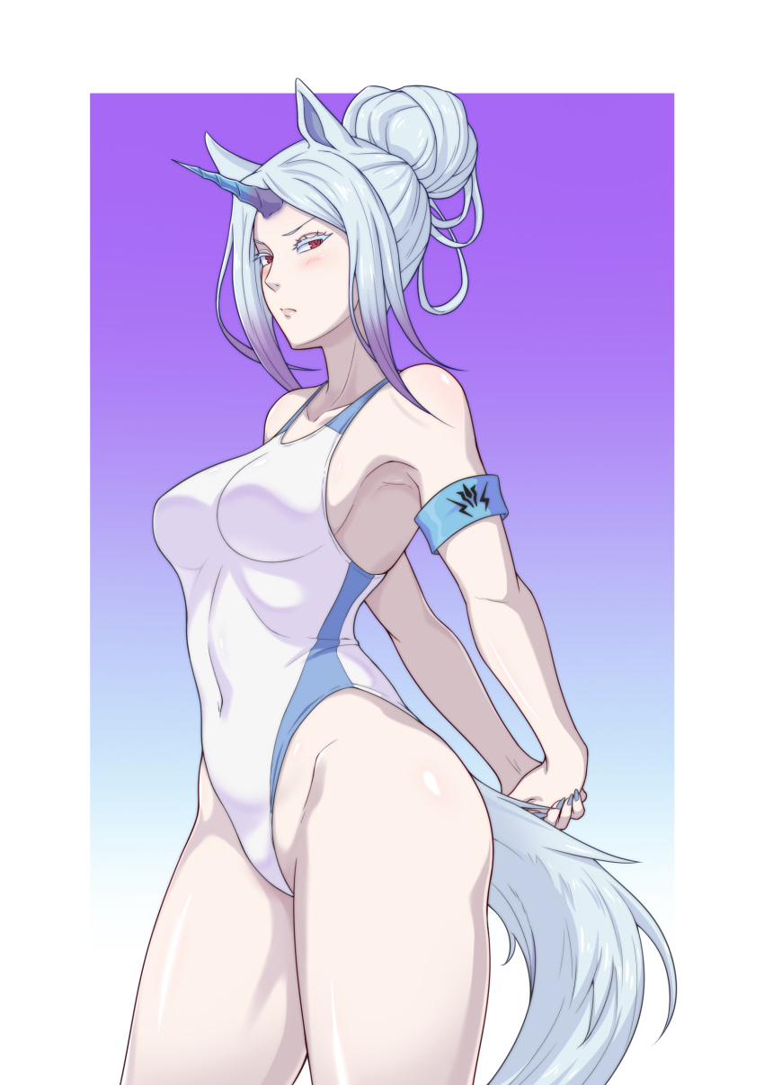 1girl, absurdres, animal_ears, armband, arms_behind_back, blue_armband, blue_background, blue_nails