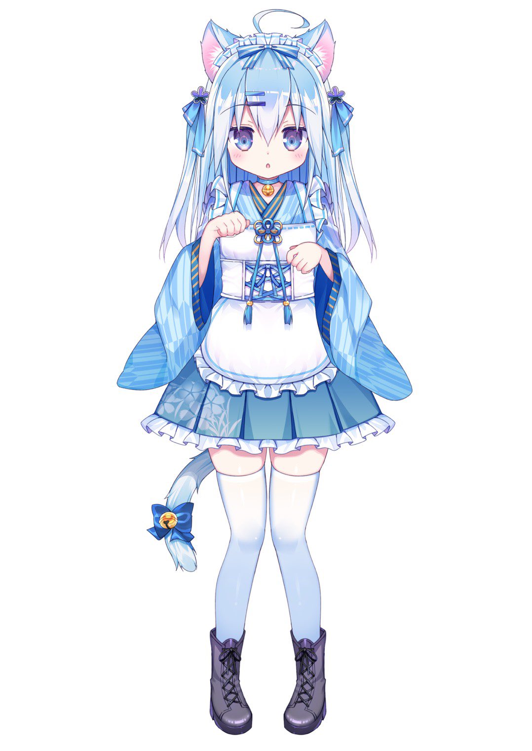 1girl, animal_ear_fluff, animal_ears, apron, bell, blue_eyes, blue_hair, boots