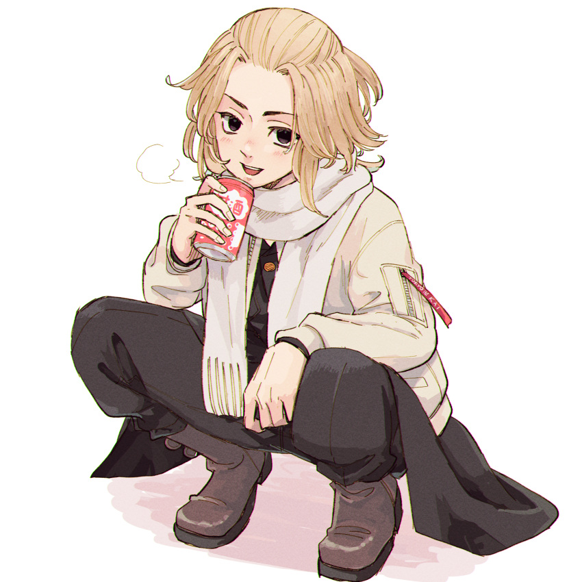 1boy, absurdres, black_eyes, black_footwear, black_pants, blonde_hair, boots, breath