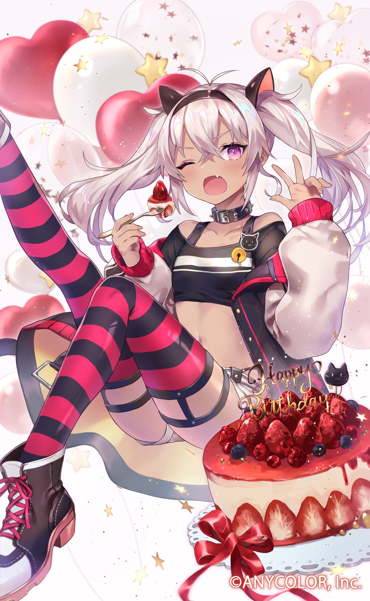 1girl, ;o, antenna_hair, black_choker, black_shirt, cake, choker, crop_top