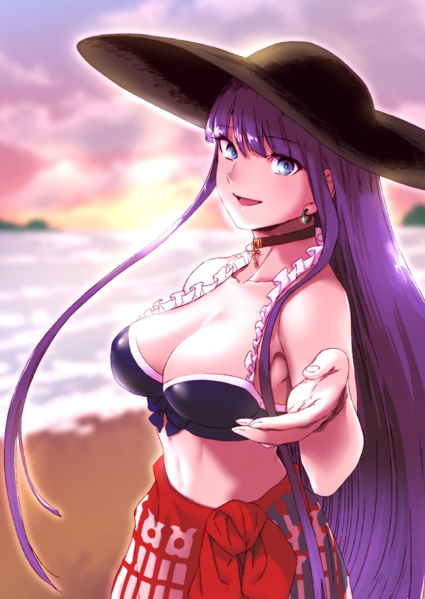 1girl, aoba_(smartbeat), beach, bikini, bikini_top, blue_eyes, commission, earrings
