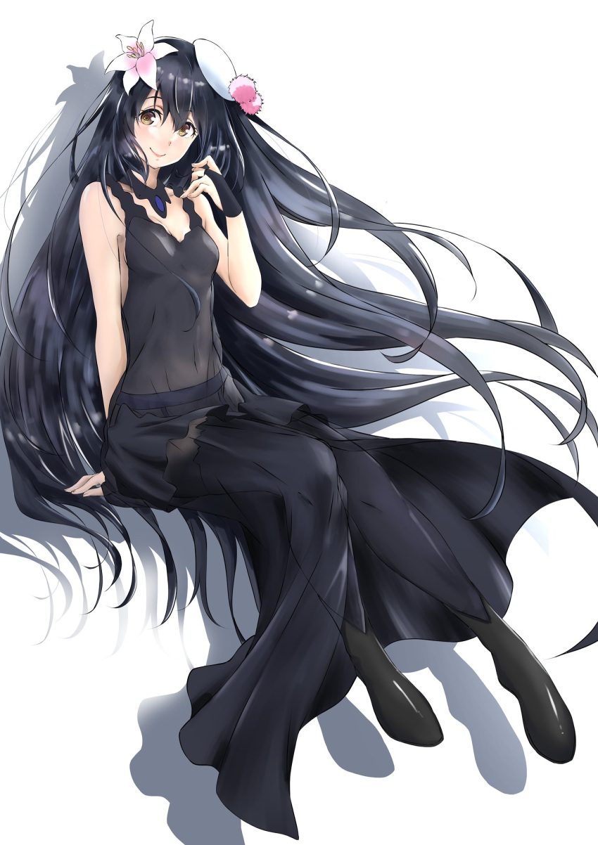 1girl, bare_arms, bare_shoulders, black_dress, black_footwear, black_hair, boots, breasts