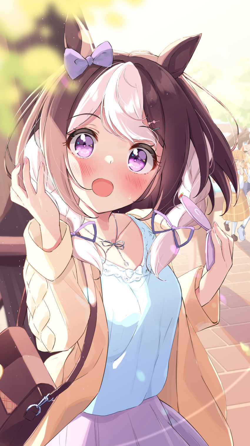 3girls, :o, absurdres, animal_ears, bag, bangs, blue_shirt, blush