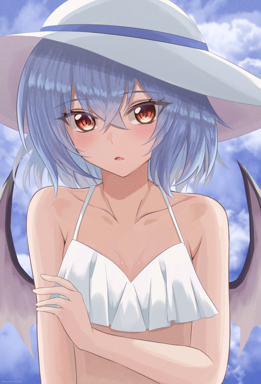 1girl, bangs, bikini, blush, breasts, clouds, eyebrows_visible_through_hair, eyes_visible_through_hair