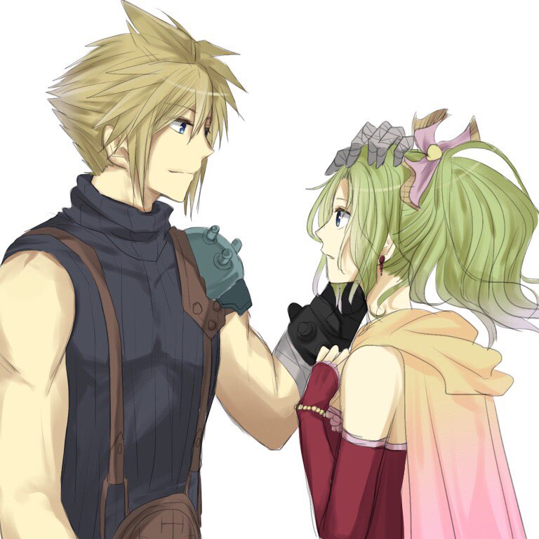1boy, 1girl, armor, blonde_hair, blue_eyes, bracelet, cape, cloud_strife, crossover, dango_(ff_iraira), dissidia_012_final_fantasy, dissidia_final_fantasy, dress, earrings, elbow_gloves, final_fantasy, final_fantasy_vi, final_fantasy_vii, fingerless_gloves, gloves, green_hair, hair_ribbon, hands_on_own_chest, headpat, jewelry, looking_at_another, pauldrons, ponytail, red_dress, ribbon, shoulder_armor, sleeveless, sleeveless_sweater, sleeveless_turtleneck, smile, spiky_hair, square_enix, suspenders, tina_branford, turtleneck