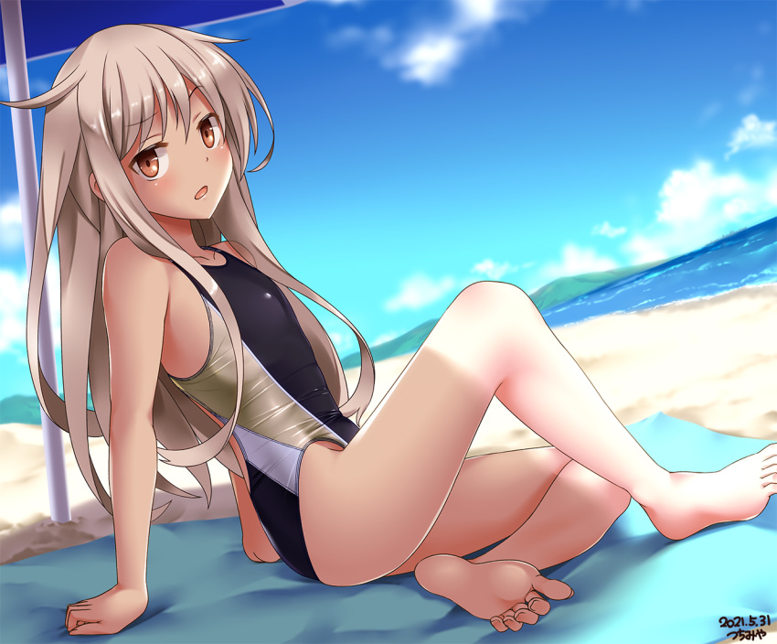 1girl, alternate_costume, arm_support, bare_arms, bare_legs, bare_shoulders, barefoot, beach