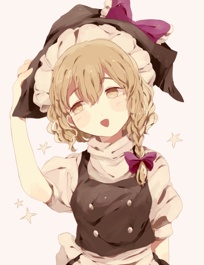 1girl, :d, apron, black_dress, blonde_hair, blush, bow, braid