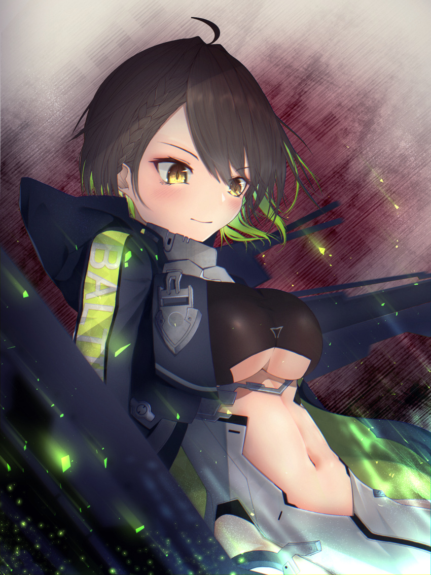 1girl, absurdres, ahoge, azur_lane, baltimore_(azur_lane), bangs, blue_coat, blush, braid, breasts, brown_hair, center_opening, character_name, closed_mouth, clothes_writing, clothing_cutout, coat, commentary, dress, eyebrows_visible_through_hair, floating_hair, french_braid, hair_between_eyes, highres, hood, hood_down, hooded_coat, large_breasts, long_sleeves, looking_down, multicolored_coat, navel, open_clothes, open_coat, pelvic_curtain, rigging, selinentius, short_hair, sidelocks, smile, solo, standing, stomach_cutout, turret, under_boob, underboob_cutout, upper_body, white_dress, yellow_eyes