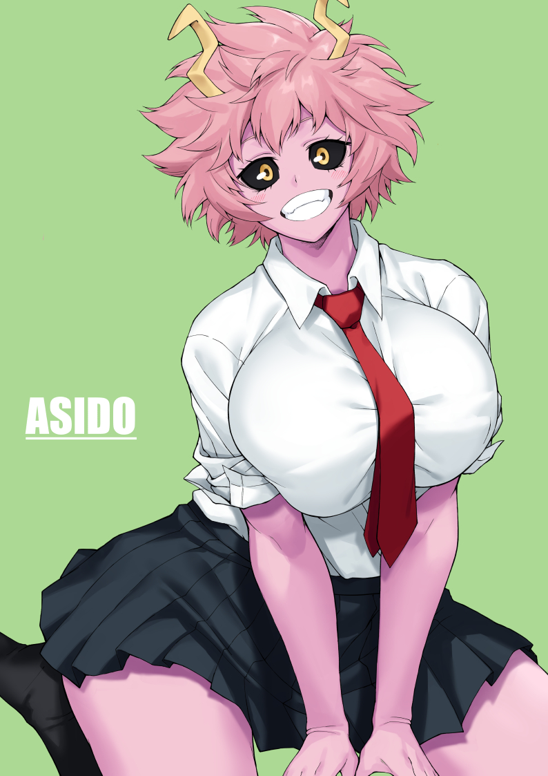 1girl, ashido_mina, bangs, black_sclera, black_skirt, blush, bnc_(bunshi), boku_no_hero_academia, breasts, character_name, collared_shirt, colored_sclera, colored_skin, green_background, grin, large_breasts, looking_at_viewer, necktie, pink_hair, pink_skin, pleated_skirt, shirt, short_hair, short_sleeves, sitting, skirt, smile, solo, thighs, wariza, white_shirt, yellow_eyes