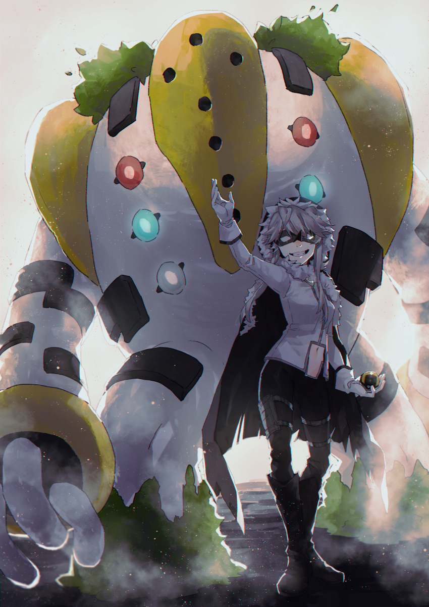 1girl, absurdres, black_cloak, black_feathers, boots, breasts, cloak, clothing_cutout, corbeau_(tart_magica), crossover, evil_grin, evil_smile, feathers, gen_4_pokemon, gloves, grin, hand_up, highres, hood, hooded_cloak, legendary_pokemon, light_particles, magia_record:_mahou_shoujo_madoka_magica_gaiden, mahou_shoujo_madoka_magica, mahou_shoujo_tart_magica, mask, medium_breasts, messy_hair, midriff, outdoors, plague_doctor_mask, poke_ball, pokemon, pokemon_(creature), regigigas, silver_hair, smile, solo_focus, stomach_cutout, ultra_ball, wrist_cuffs, yutyantogarashi