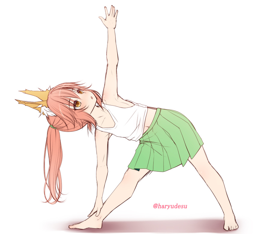 1girl, animal_ear_fluff, animal_ears, arm_up, bare_arms, bare_shoulders, barefoot, commentary_request