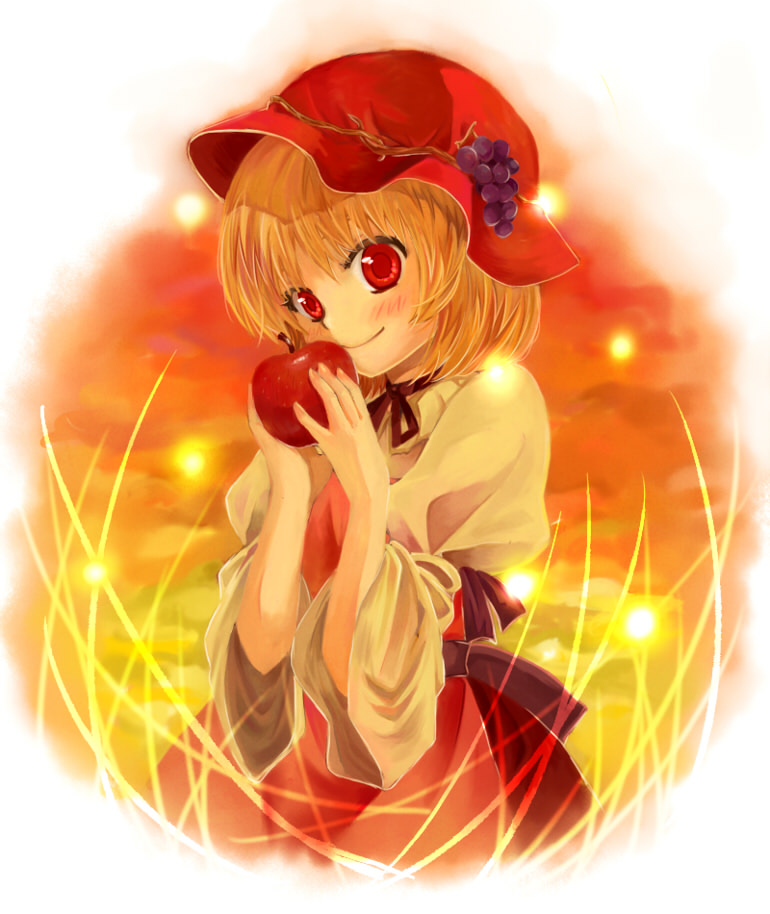 apple, bad_id, blonde_hair, blush, choker, face, food, fruit