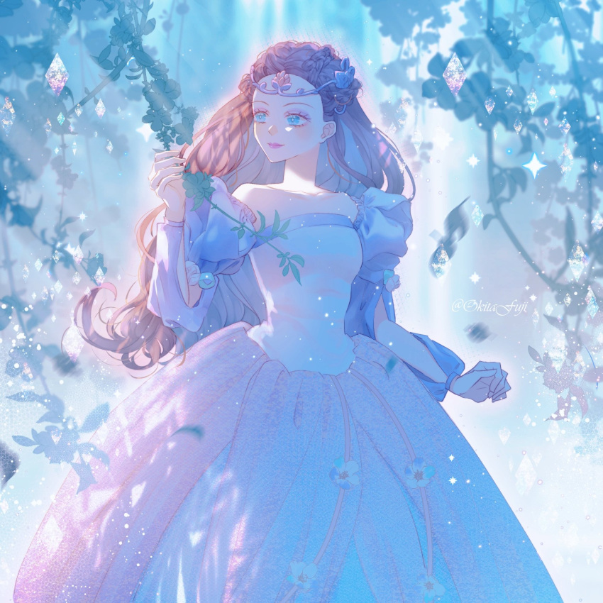 1girl, ball_gown, ballerina, ballet, barbie_(franchise), barbie_movies, barbie_of_swan_lake, blue_background, blue_eyes, blurry, blurry_background, braid, brown_hair, crystal, dress, eyeshadow, fairy_queen_(swan_lake), floating, floating_object, floral_dress, flower, formal, gown, highres, hispanic, holding, holding_leaf, holding_plant, juliet_sleeves, lavender_dress, leaf, long_hair, long_sleeves, makeup, nature, okitafuji, outdoors, plant, puffy_sleeves, queen, solo, solo_focus, sparkle, sparkle_background, swan_lake, teresa_(barbie), tiara, tulle, vines, water, waterfall, white_dress