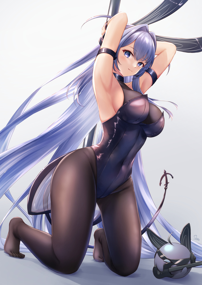 1girl, anchor_ornament, animal_ears, arm_strap, armpits, arms_up, artist_name, azur_lane