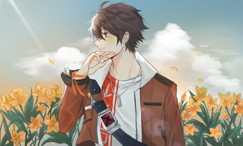 1boy, brown_hair, brown_jacket, clouds, flower, green_eyes, hailiu, hair_behind_ear