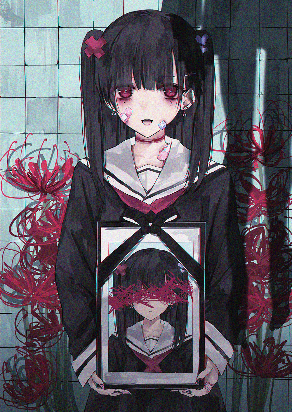 1girl, :d, bandaid, bandaid_on_face, bangs, black_hair, black_nails, black_serafuku, black_shirt, black_skirt, blunt_bangs, collarbone, earrings, flower, hair_ornament, hanging, heart, heart_hair_ornament, highres, holding, iei, injury, jewelry, kanju, long_hair, long_sleeves, looking_at_viewer, mole, mole_under_eye, nail_art, nail_polish, neckerchief, open_mouth, original, pink_nails, sailor_collar, school_uniform, serafuku, shadow, shirt, skirt, smile, solo, spider_lily, suicide, tile_wall, tiles, twintails, upper_body, upper_teeth