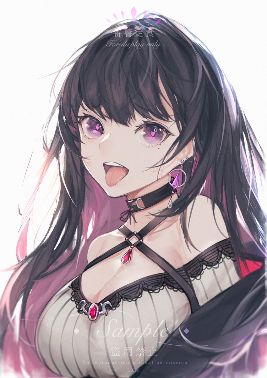 1girl, :d, bangs, bare_shoulders, black_choker, black_hair, breasts, choker