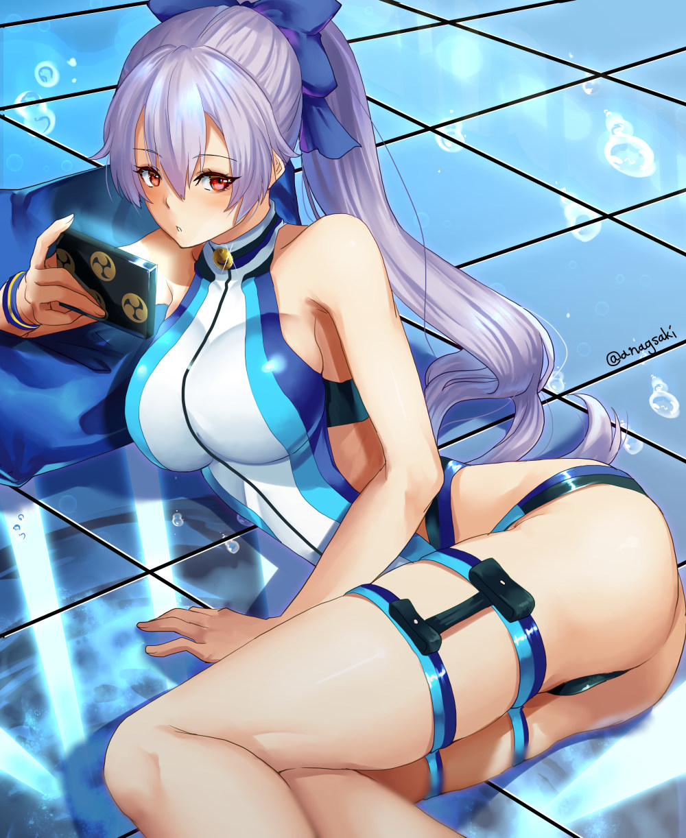 1girl, aona_(anagasaki), ass, bangs, bare_shoulders, blue_bow, blue_swimsuit, bow, breasts, cellphone, fate/grand_order, fate_(series), hair_between_eyes, hair_bow, highleg, highleg_swimsuit, highres, large_breasts, long_hair, looking_at_viewer, one-piece_swimsuit, phone, ponytail, red_eyes, silver_hair, solo, swimsuit, thigh_strap, thighs, tomoe_gozen_(fate), tomoe_gozen_(swimsuit_saber)_(fate), two-tone_swimsuit, white_swimsuit