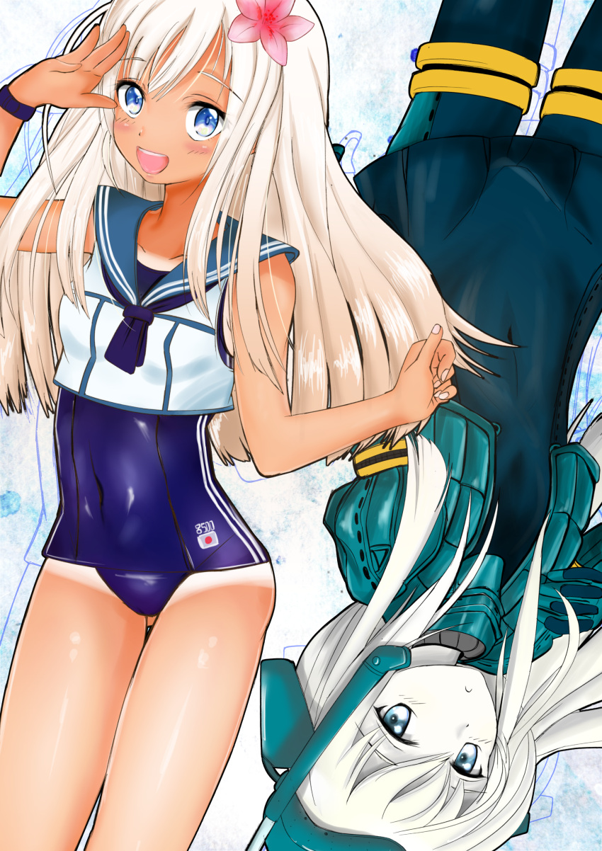 2girls, absurdres, black_bodysuit, black_dress, black_neckwear, black_sailor_collar, blonde_hair, blue_eyes, blue_swimsuit, bodysuit, commentary_request, cowboy_shot, crop_top, cropped_jacket, dress, dual_persona, flower, garrison_cap, hair_flower, hair_ornament, hat, highres, kantai_collection, long_hair, multiple_girls, murasame_ryuu, neckerchief, one-piece_tan, open_mouth, ro-500_(kancolle), round_teeth, sailor_collar, salute, school_swimsuit, shirt, sleeveless, swimsuit, tan, tanline, teeth, u-511_(kancolle), upper_teeth, wetsuit, white_shirt