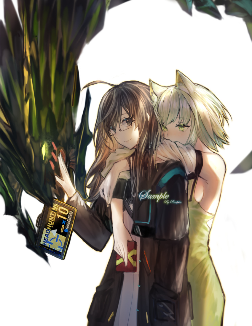 1other, 2girls, absurdres, ahoge, animal_ear_fluff, animal_ears, arknights, bare_shoulders