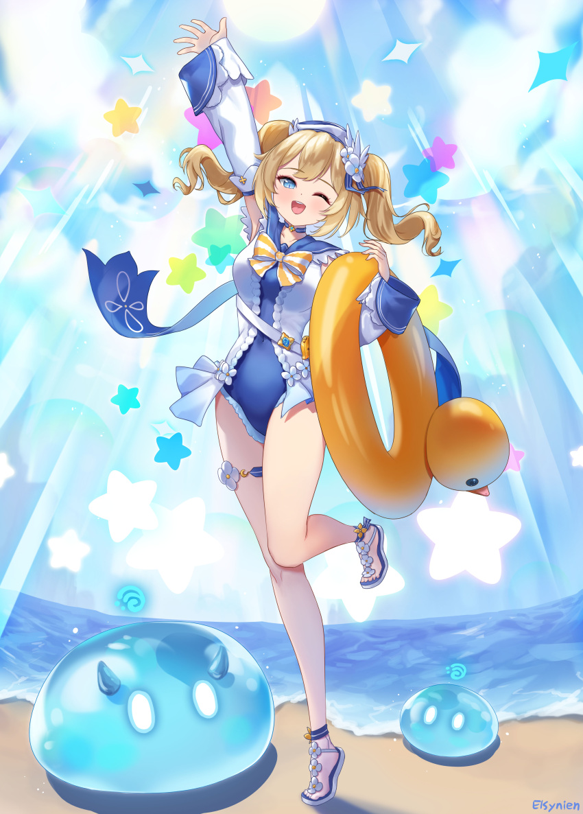1girl, ;d, absurdres, arm_up, barbara_(genshin_impact), barbara_(summertime_sparkle)_(genshin_impact), bird, blonde_hair