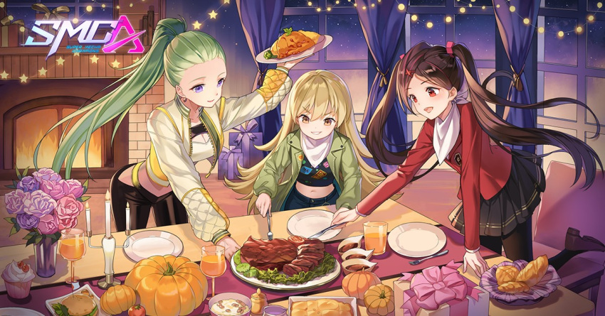 3girls, candle, chair, decorations, earrings, eyebrows_visible_through_hair, fireplace, flower