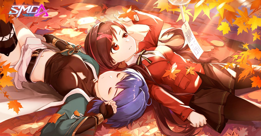 2girls, autumn_leaves, belt, black_hair, blue_hair, cloak, fingerless_gloves, gloves, half-closed_eyes, iori_(smc), lying, multiple_girls, navel, ning_(smc), official_art, on_back, red_eyes, ribbon, school_uniform, sleeping, super_mecha_champions, talisman, uniform, wind_chime