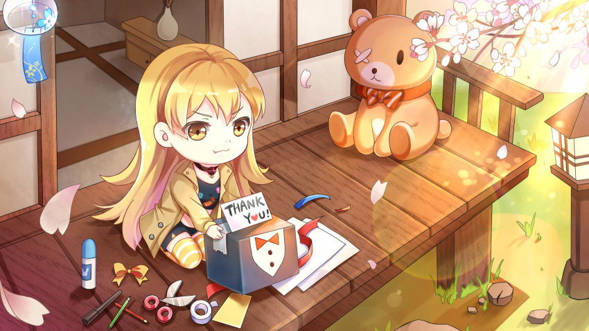 1girl, blonde_hair, cherry_blossoms, chibi, eyebrows_visible_through_hair, fang, father's_day, gift