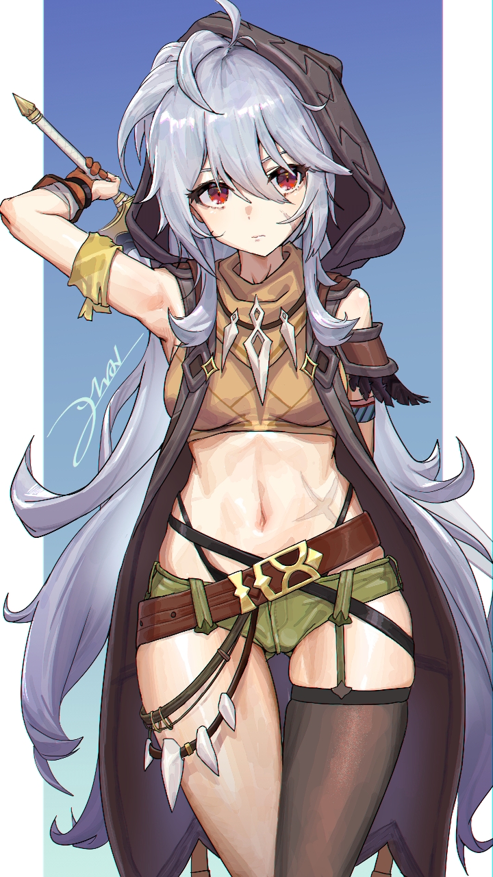 1girl, 2wa_(jbum99), arm_up, armpits, breasts, cloak, garter_straps, genderswap