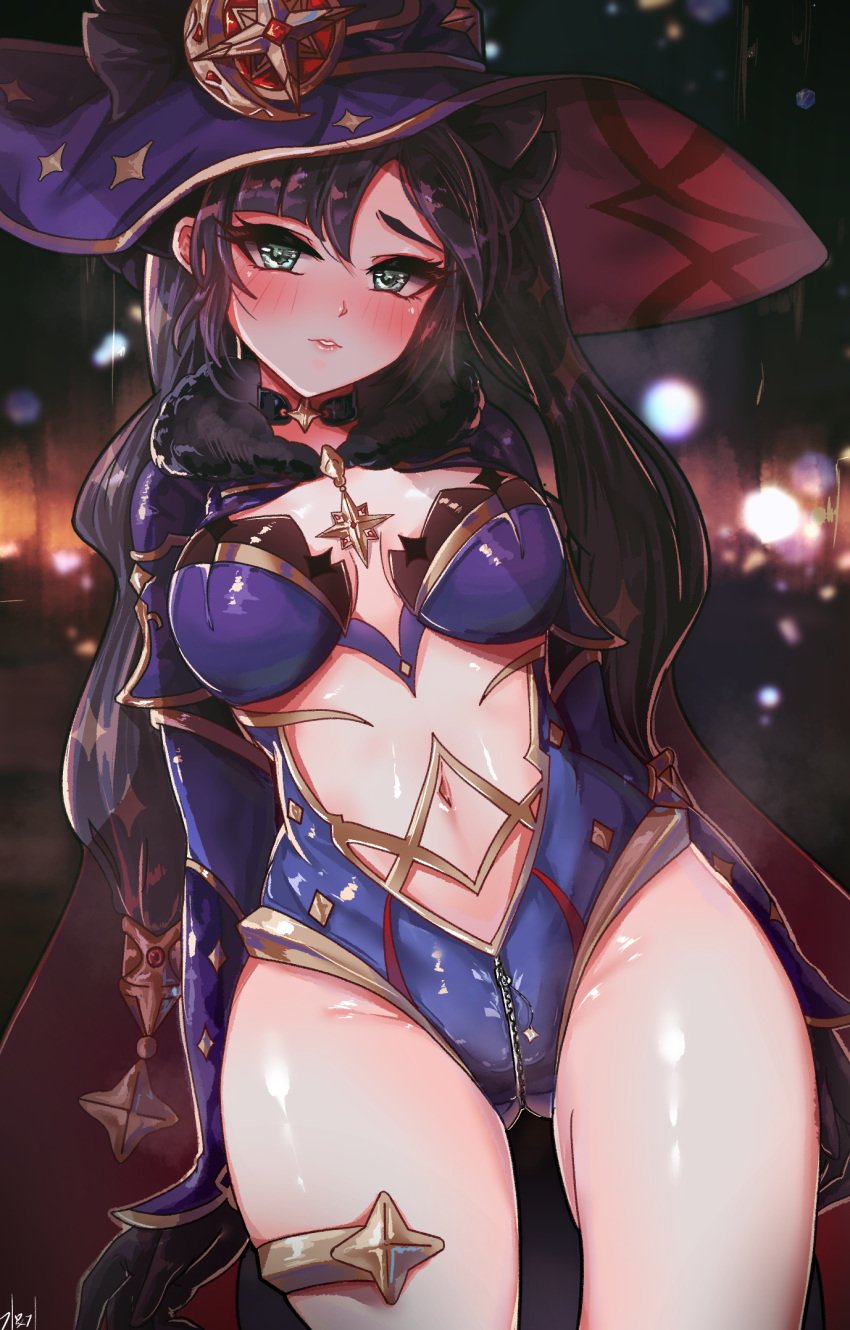 1girl, blush, breasts, cape, choker, clothing_cutout, genshin_impact, gmg