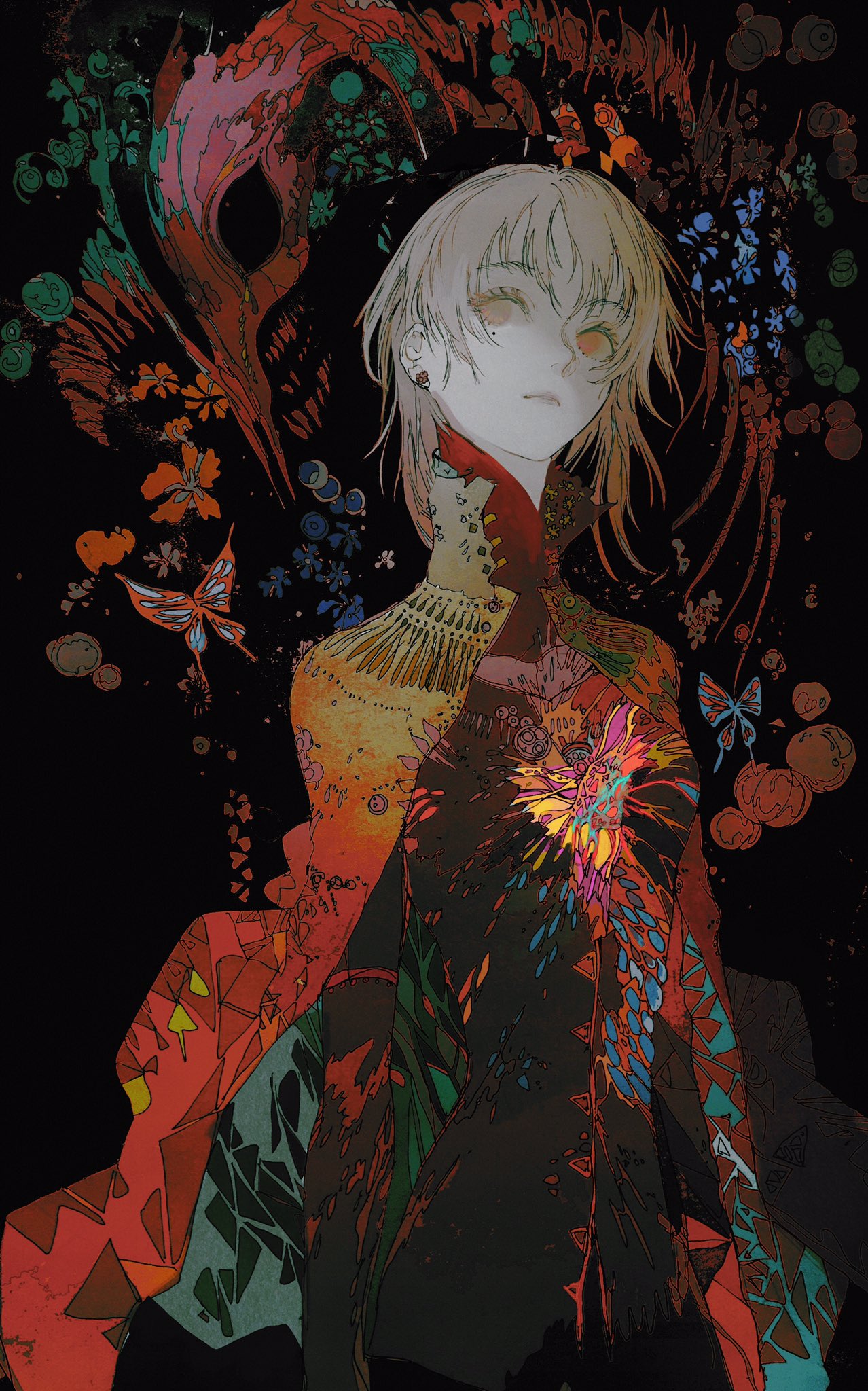 1girl, abstract, abstract_background, black_dress, blonde_hair, breasts, bug, butterfly
