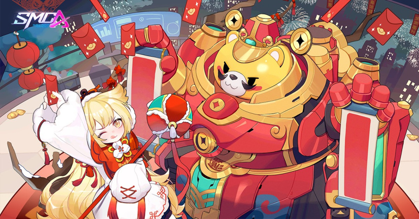 1girl, blonde_hair, caramel_(smc), envelope, fireworks, fluffy, gold_bar, hat