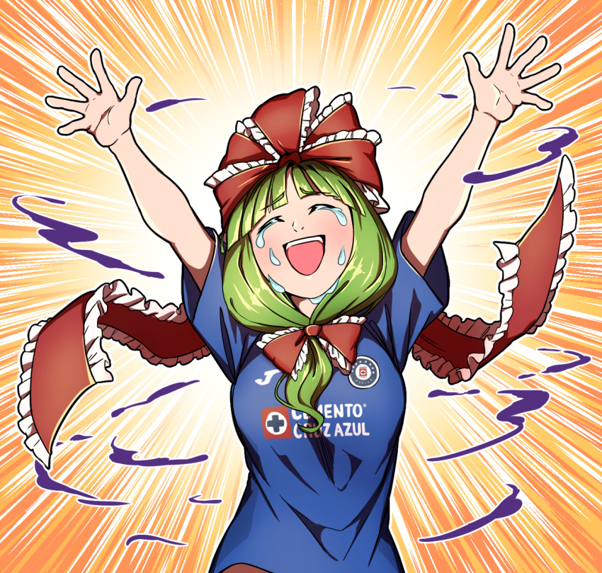 1girl, alternate_costume, arms_up, bangs, blunt_bangs, bow, breasts, commentary_request, cross, cruz_azul, crying, emphasis_lines, eyebrows_visible_through_hair, frilled_bow, frills, front_ponytail, green_hair, hair_ribbon, kagiyama_hina, mefomefo, outstretched_arms, ribbon, shirt, short_sleeves, soccer_uniform, solo, spanish_commentary, sportswear, t-shirt, tears, touhou, upper_body