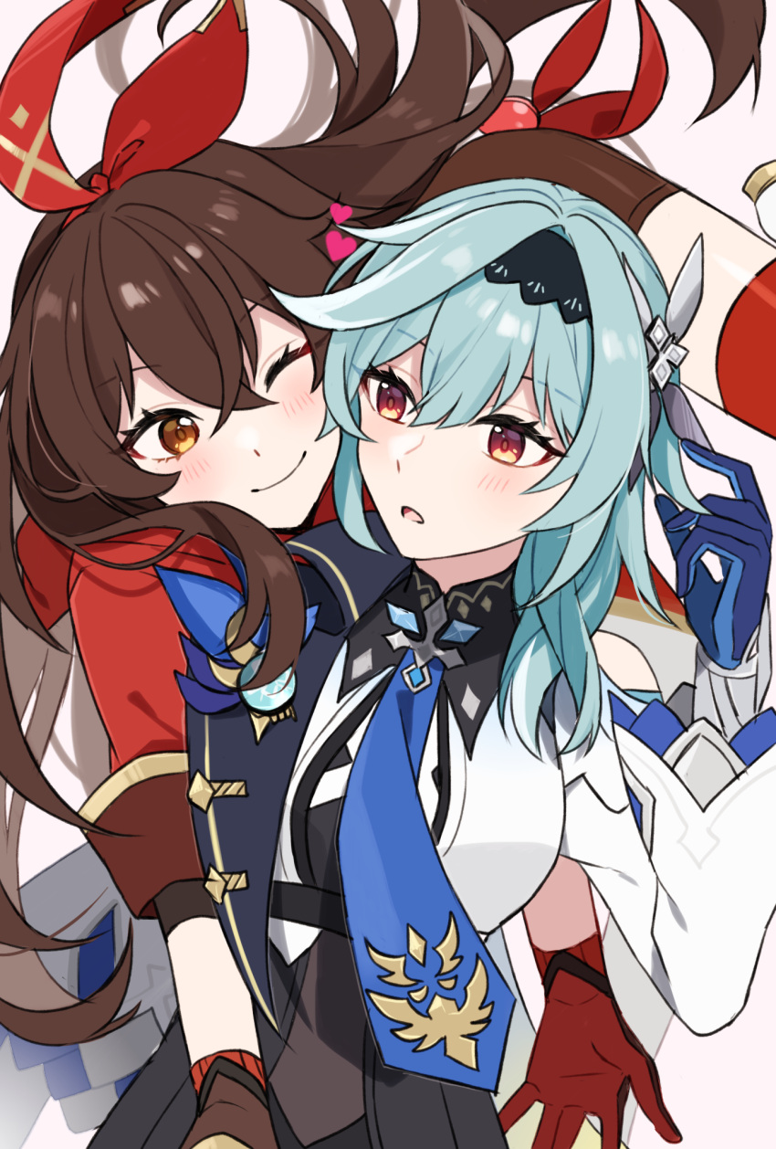 2girls, ;), amber_(genshin_impact), blue_gloves, blue_hair, blue_neckwear, brown_hair, eula_lawrence, genshin_impact, gloves, heart, highres, jacket, multiple_girls, nagano_ayu, one_eye_closed, open_mouth, red_gloves, red_jacket, red_ribbon, ribbon, shorts, smile, thigh-highs, vambraces, yellow_eyes, yuri