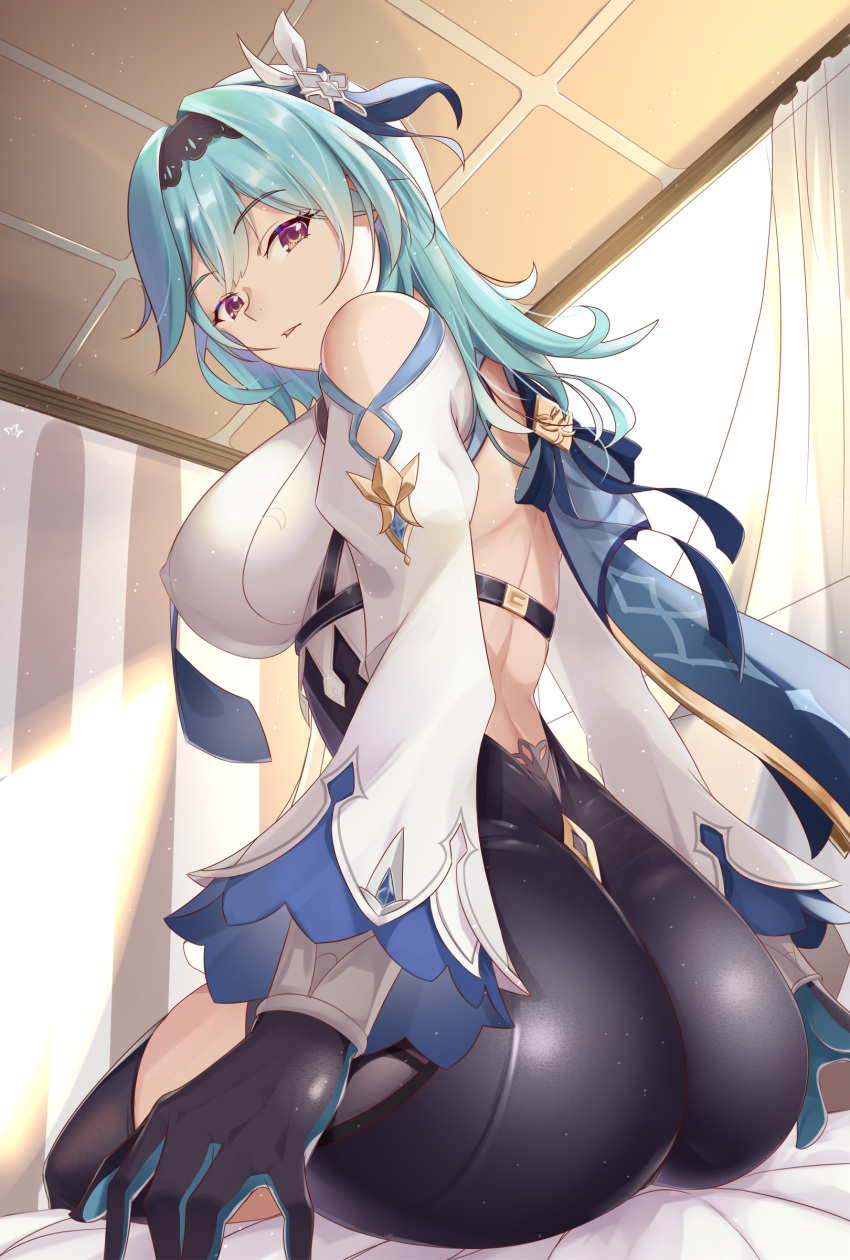 1girl, absurdres, ass, bangs, black_gloves, black_hairband, black_legwear, blue_gloves