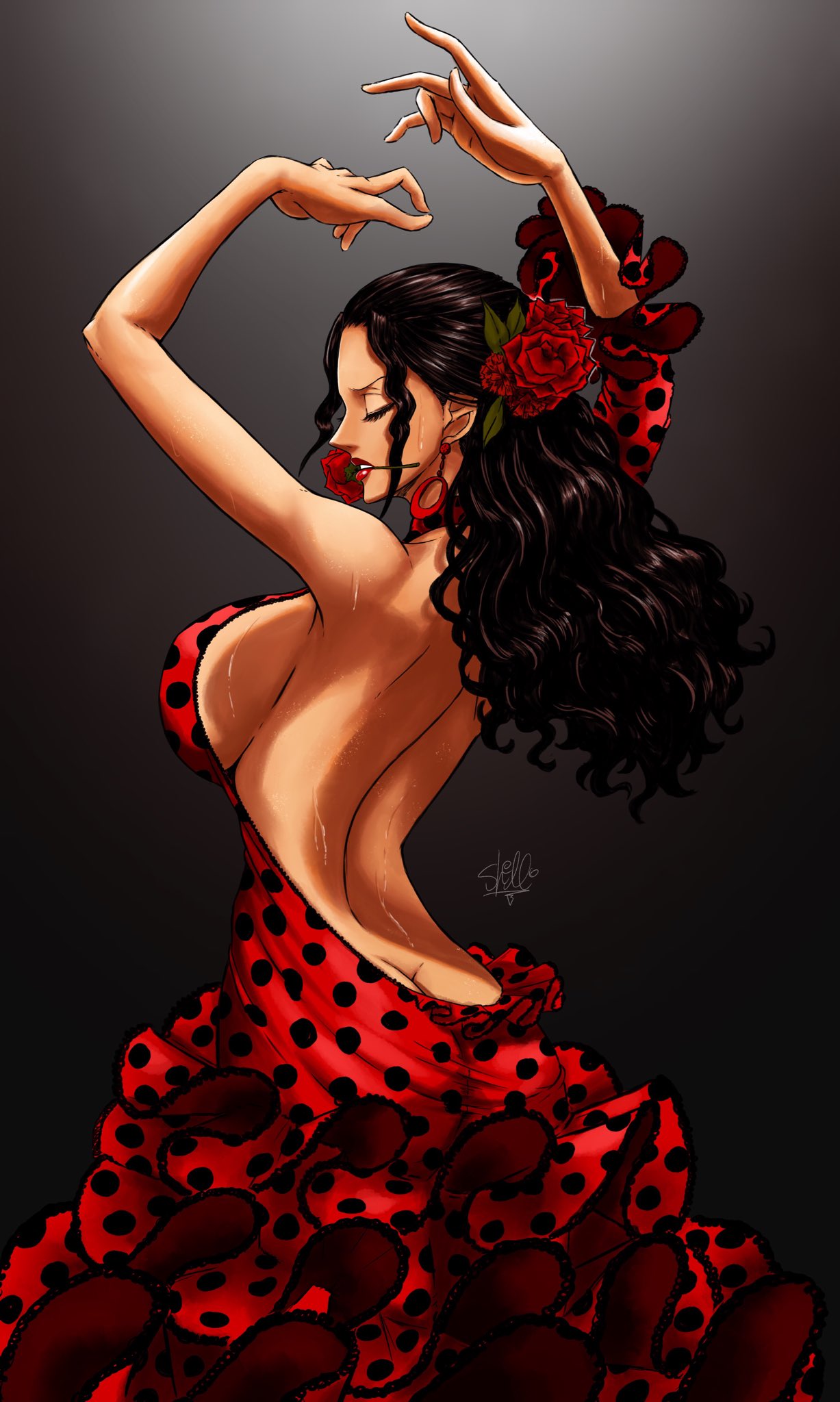 1girl, arms_up, ass, back, backless_dress, backless_outfit, black_background, black_hair