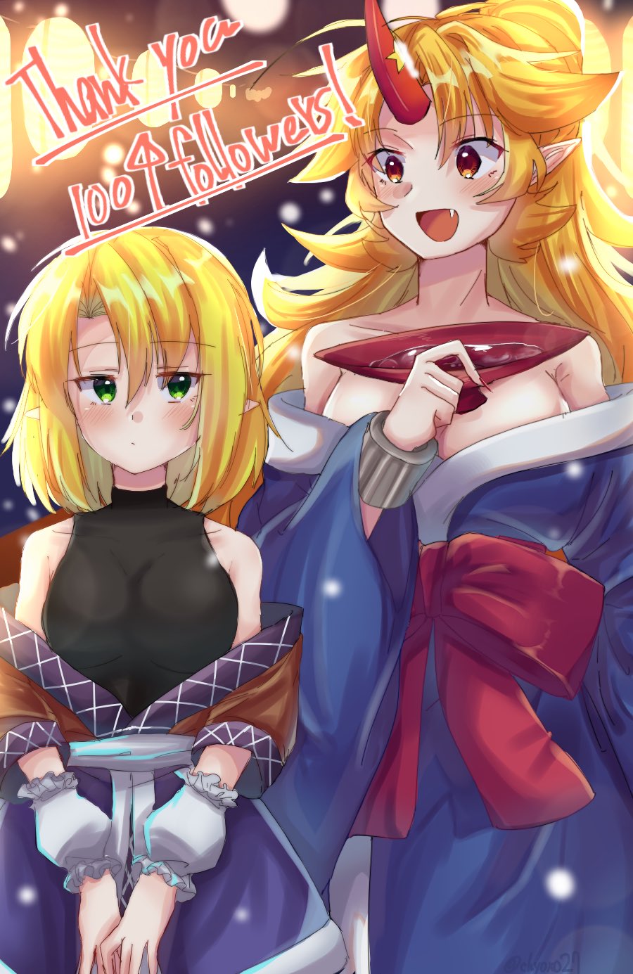 2girls, alternate_costume, bangs, bare_shoulders, blonde_hair, blue_kimono, blush, breasts
