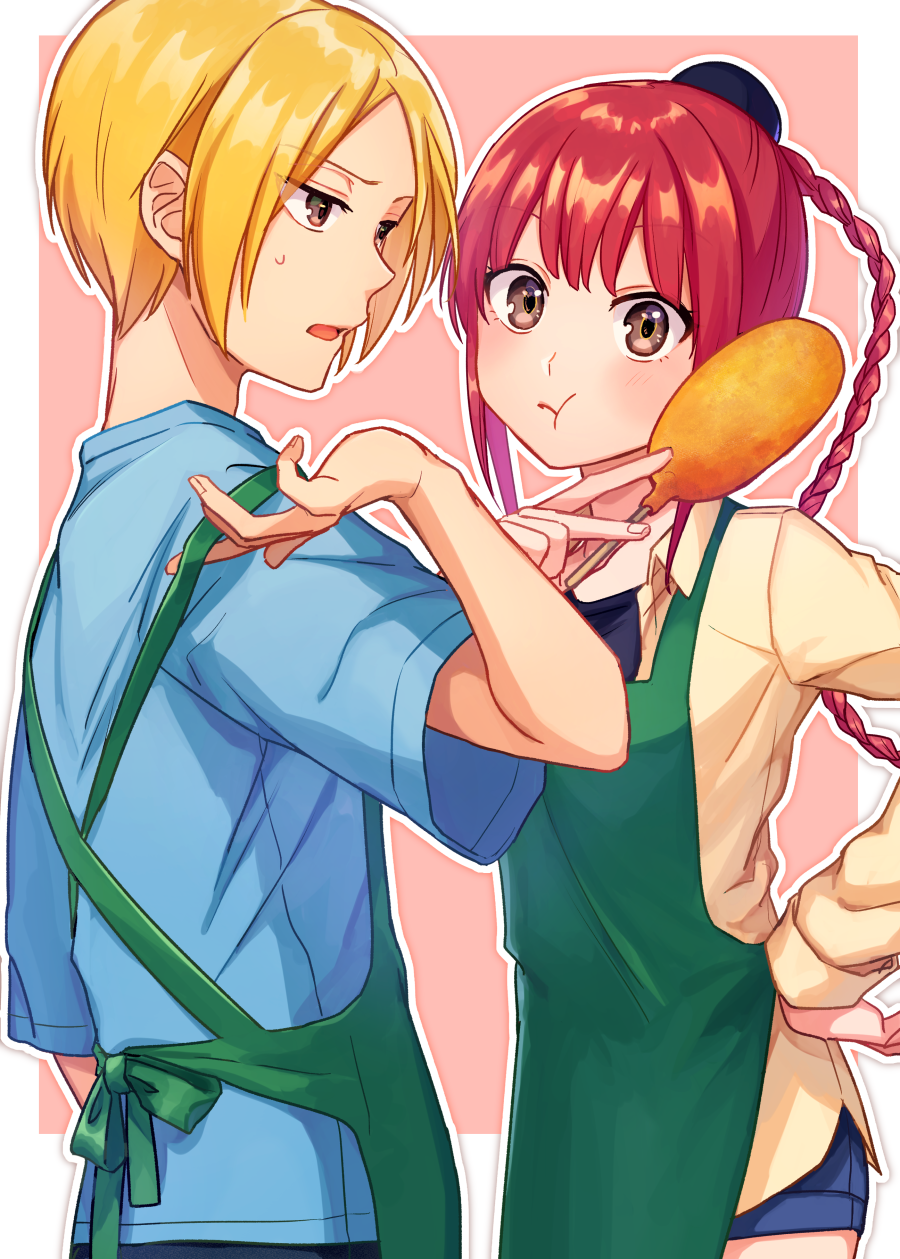 1boy, 1girl, apron, blonde_hair, blue_shirt, blush, braid, brown_eyes