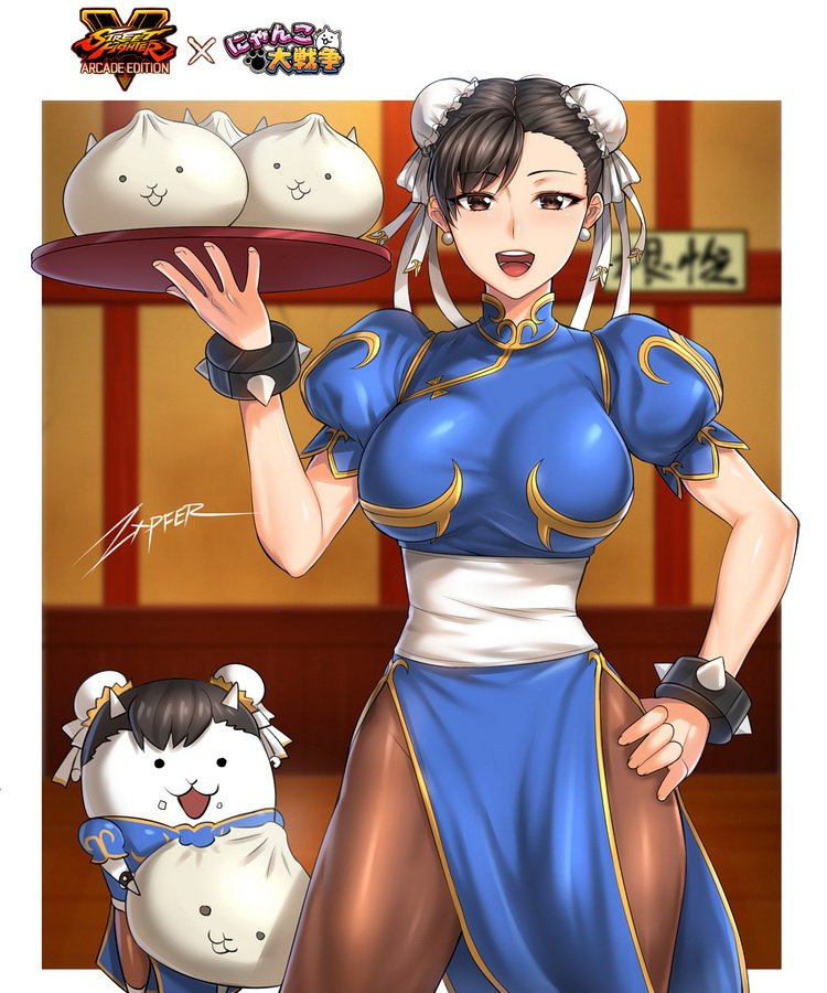 1girl, :d, baozi, blue_dress, bracelet, breasts, brown_eyes, brown_hair