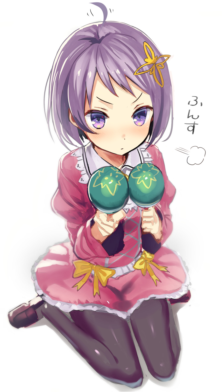 1girl, =3, absurdres, ahoge, ahoge_wag, blush, bow, closed_mouth, crocell_(megido72), dot_nose, dress, expressive_hair, greatmosu, grey_legwear, hands_up, highres, holding, holding_instrument, instrument, juliet_sleeves, long_sleeves, looking_at_viewer, maracas, medium_hair, megido72, pantyhose, pink_dress, pout, puffy_sleeves, purple_hair, simple_background, sitting, solo, violet_eyes, wariza, white_background, yellow_bow