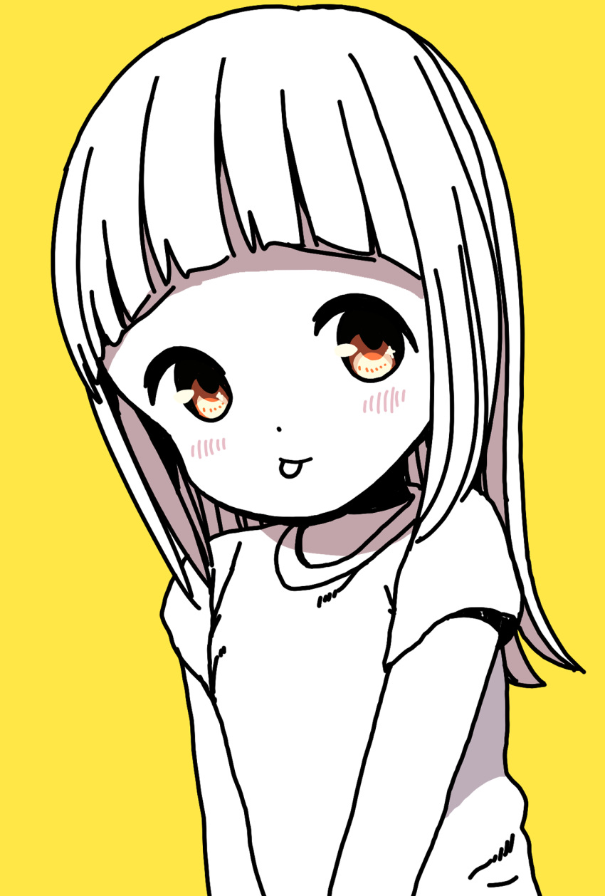 1girl, :p, bangs, blunt_bangs, blush, brown_eyes, commentary_request, dot_nose