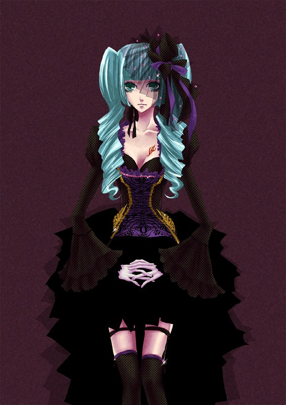alternate_costume, alternate_hairstyle, aqua_eyes, aqua_hair, bow, corset, drill_hair, hair_ornament